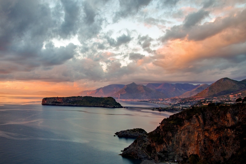 beach, land, tranquil scene, no people, sea, nature, romantic sky, calabria, italy, landscape, cloud - sky, body, rosa, beside, grey, red sky at night