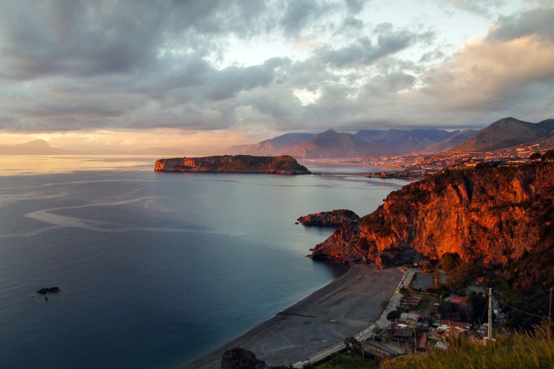 mountain, landscape, sunset, calabria, sea, idyllic, beach, clouds, sky, non-urban scene, praia a mare, noon, italy, no people, beauty in nature, horizon over water