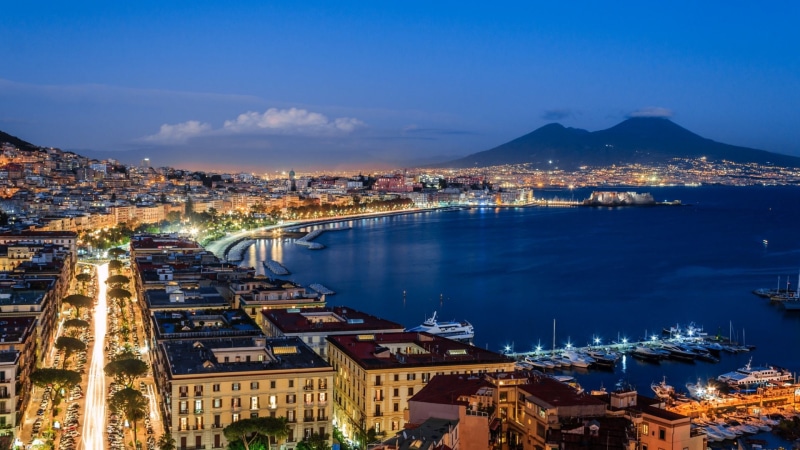 dusk, city, port, boat, landscape, clouds, lights, vesuvius, 1080P, sky, sea, italy, architectural, attractions, napoli, car