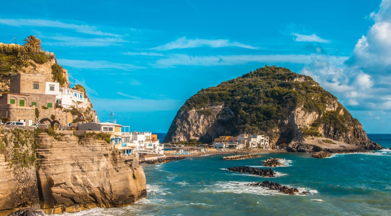 beauty in nature, village, landscape, built structure, coastwise, architecture, ischia, 4K, water, rock - object, view, land, harbor, beach, sky, nature