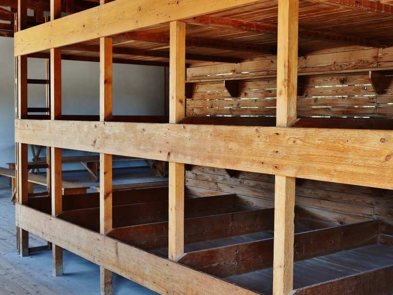 incomplete, beds, bedded baracke, bunkhouse, sleeping room, death, pattern, construction frame, railing, 3 floors, brown, memorial, built structure, construction industry