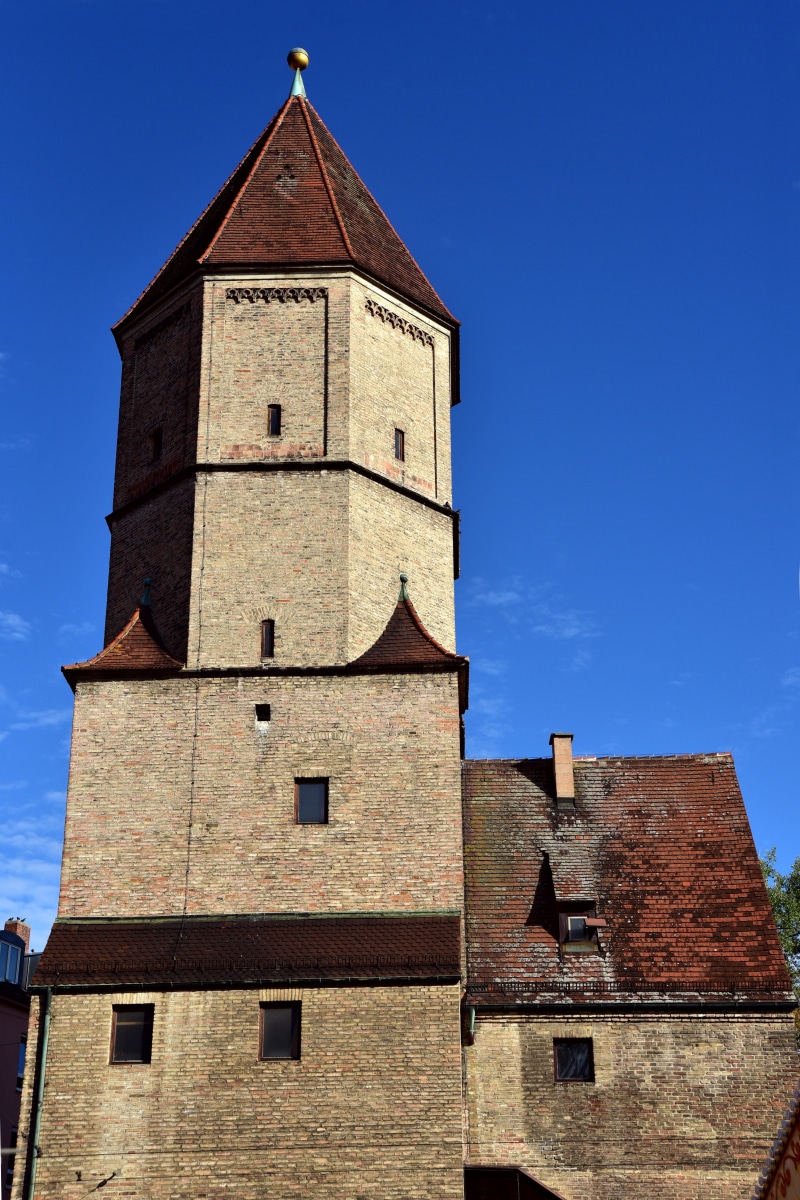 outdoors, building exterior, spirituality, jakobertor, clear sky, middle ages, augsburg, old, historic center, belief, substantiate, defense, the past