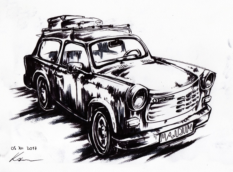 snow, 2K, creativity, indoors, vehicle, Trabant, East Germany, day, wheel, motor vehicle, land vehicle, painting, monochrome, wall - building feature