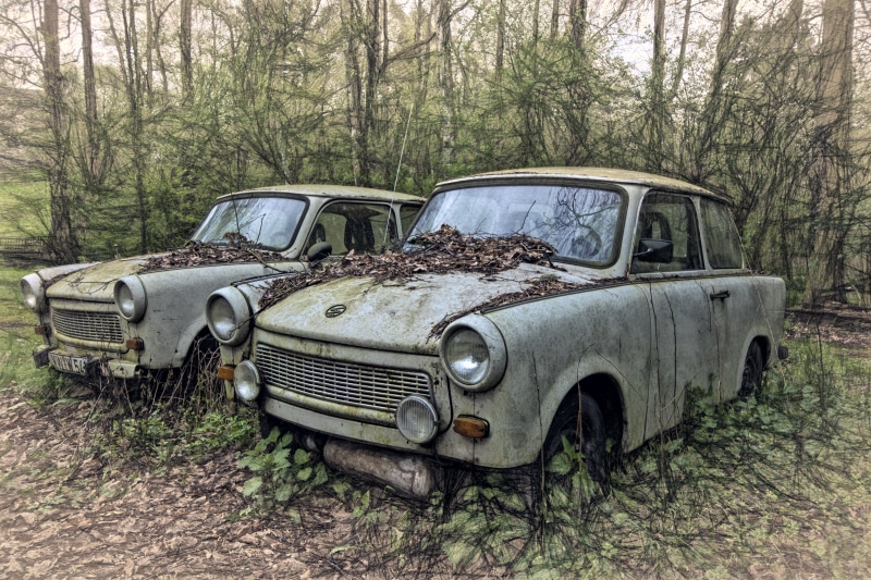 ddr, metal, ruined, day, car, deterioration, damaged, land, junkyard, trabant 601s de luxe, run-down, bad condition, decline, classic, field, automobile