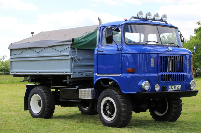 oldtimer, pick-up truck, business, commercial land vehicle, mode of transportation, white color, tree, cloud - sky, east germany, land vehicle, 2K, blue