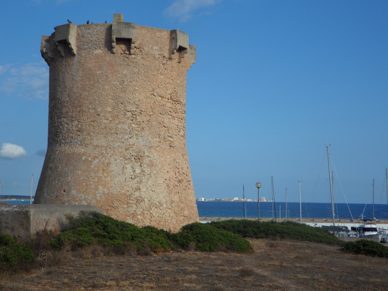 built structure, sky, 4K, stone tower, low angle view, clear sky, history, sa rapita, architecture, defensive tower, old, watchtower, sea, nature, mediterranean