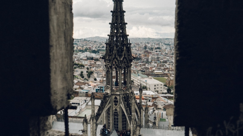 residential district, basilica del voto nacional, nature, watchtower, basilica, architecture, church, building exterior, cityscape, cloud - sky, quito