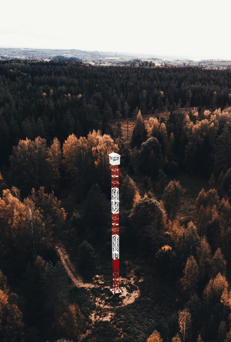2K, outdoors, tree, drone, nature, red, droneshot, mountain, trees, watchtower, forest, autumn, travel, white, famous Place, scenics, surrounded, tower