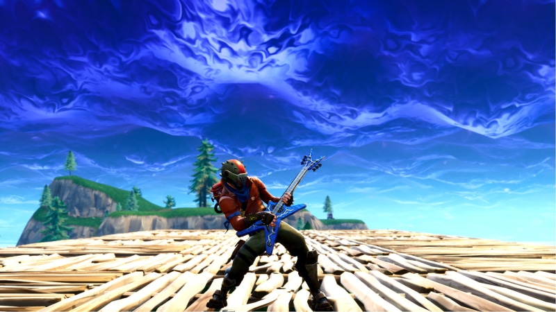 string instrument, guitar, music, holding, screenshot, wood - material, sky, one person, Fortnite, day, 1080P, outdoors, leisure activity, real people