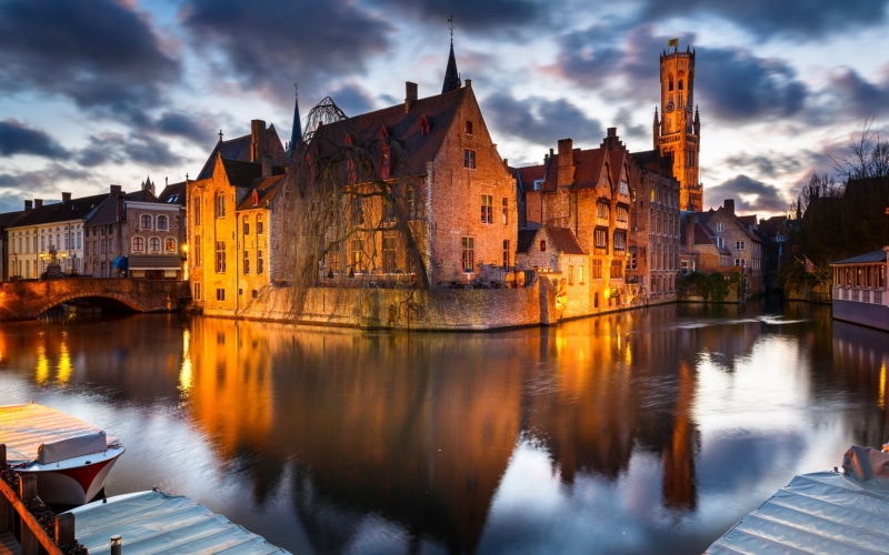 built structure, long exposure, history, evening, lights, river, Brugge, reflection, untitled, Belgium, trees, cloud - sky, nature, outdoors, city, the past