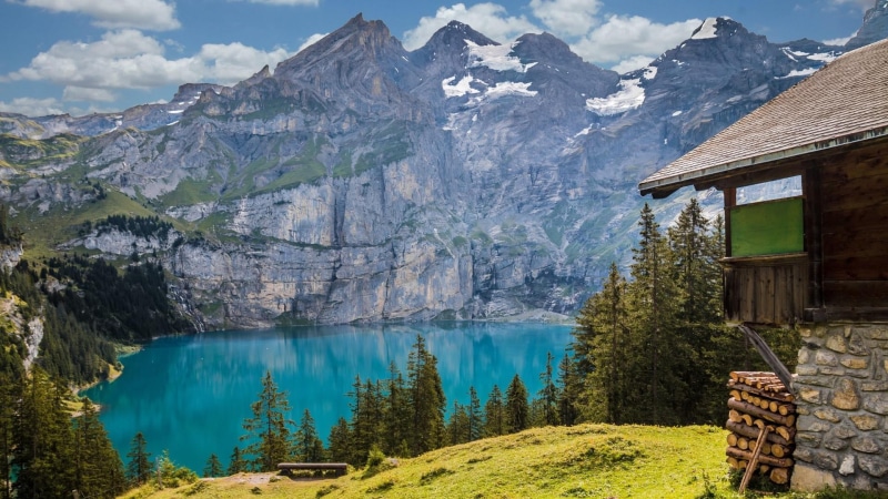 tree, cabin, kandersteg, non-urban scene, reflection, built structure, oeschinen lake, nature, mountain lake, tranquility, tranquil scene, formation, wilderness