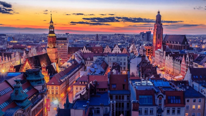 crowd, tower, nature, 1080P, place of worship, birds eye view, city, religion, poland, sunset, illuminated, building exterior, outdoors, spire, travel destinations