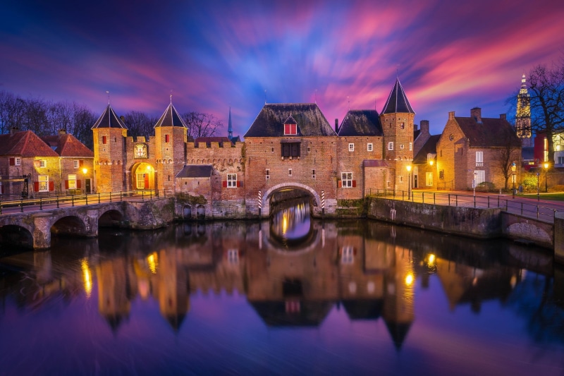clouds, sky, The Netherlands, 1080P, night, lights, river, port Koppel, the city of Amersfoort, netherlands, buildings, fortress, concrete, brown, reflection