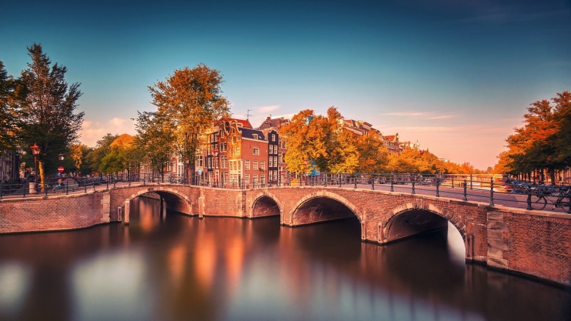 Buildings, city, Nederland, boats, Noord-Holland, fall, Amsterdam, river, North Holland Province, canal, 1080P, Netherlands, trees, bridge