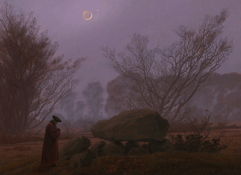 picture, stone, Caspar David Friedrich, A walk in the Twilight, landscape, The moon, 4K