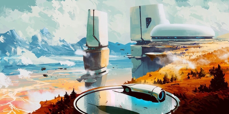 mountain, reflection, mode of transportation, indoors, motor vehicle, digital art, illustration, swimming pool, air vehicle, travel destinations, sea, built structure