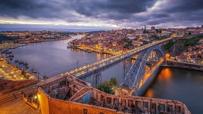 douro river, douro, portugal, river, europe, city, dom luís i bridge, bridge, aerial photography, cityscape, river douro, 1080P, porto, dom luis i bridge