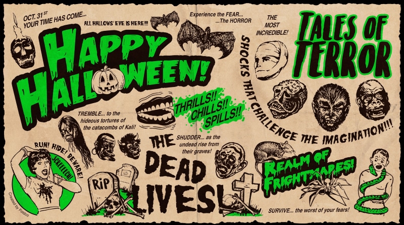 panoramic, lifestyles, poster, postage stamp, 5K, come, full frame, green color, 2017, Holidays, no people, pattern, background, text, typography, Halloween