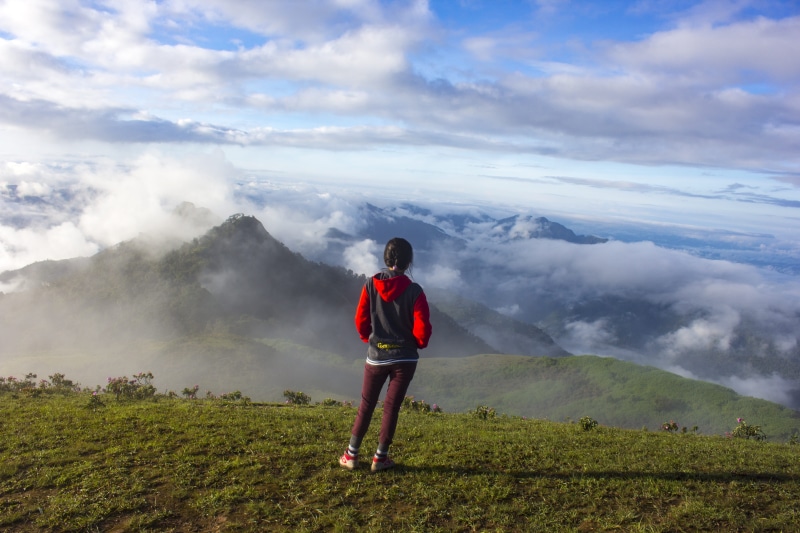 rear view, kids, cloud - sky, leisure activity, young, standing, tranquility, tranquil scene, scenics - nature, mountain range, relax, real people, adventure