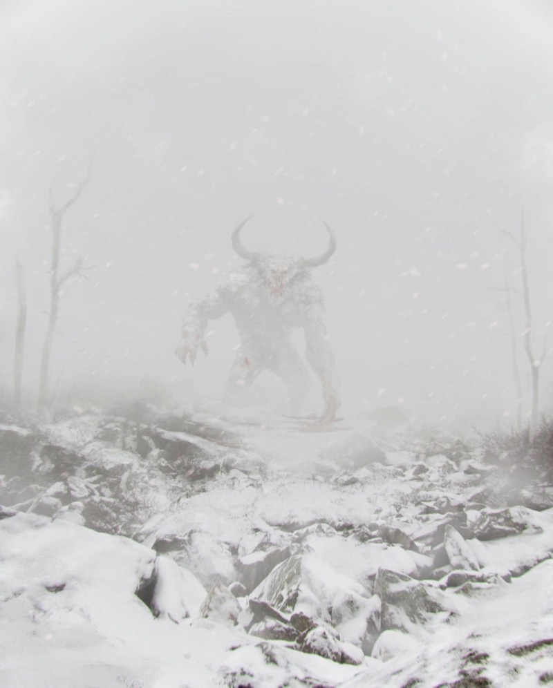 mist, white, 1080P, snow, winter, creature, horns, digital art, fantasy art