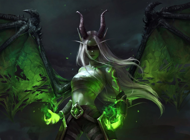 Demon, Woman, Girl, Horns, 1080P, Fantasy, Green, White Hair, Wings