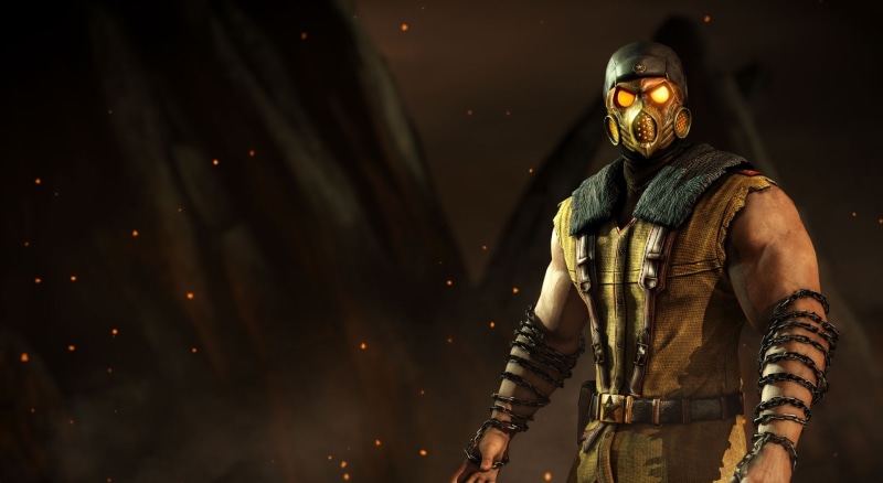 obscured face, Mortal Kombat, focus on foreground, mask, Characters, suit of armor, videogame, Scorpion, architecture, Combat, clothing, men, helmet, illuminated