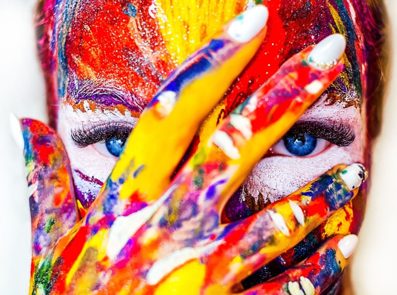 Colorful, women, Hand, art and craft, modernart, Model, human body part, blue, eye, person, scarf, Paint, multi colored, adult, blueeyes, s, Aero, beautiful