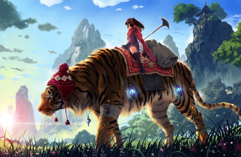 fantasy girl, 720P, China, necklace, lifestyles, manga, adult, woman, anime, mountain, plant, mammal, day, real people, tiger, sky, sunlight, riding, fantasy art