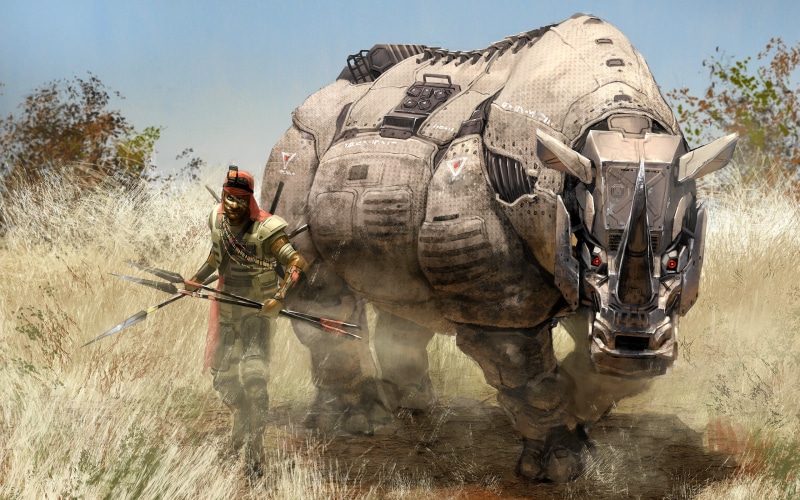 game, artwork, full length, mammal, render, people, elephant, men, representation, plant, domestic animals, day, herbivorous, sculpture, nature, digital art