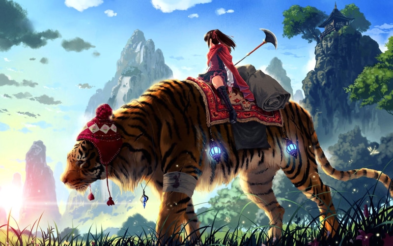 activity, illustration, mountain range, landscape, anime girls, group of people, lifestyles, plant, anime, grass, original characters, tiger, necklace