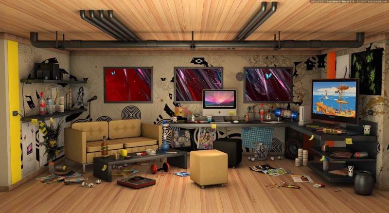 computer equipment, wood - material, table, hardwood floor, messy, designer, seat, d, computer, flat, room, wood, Artistic, furniture, computer monitor