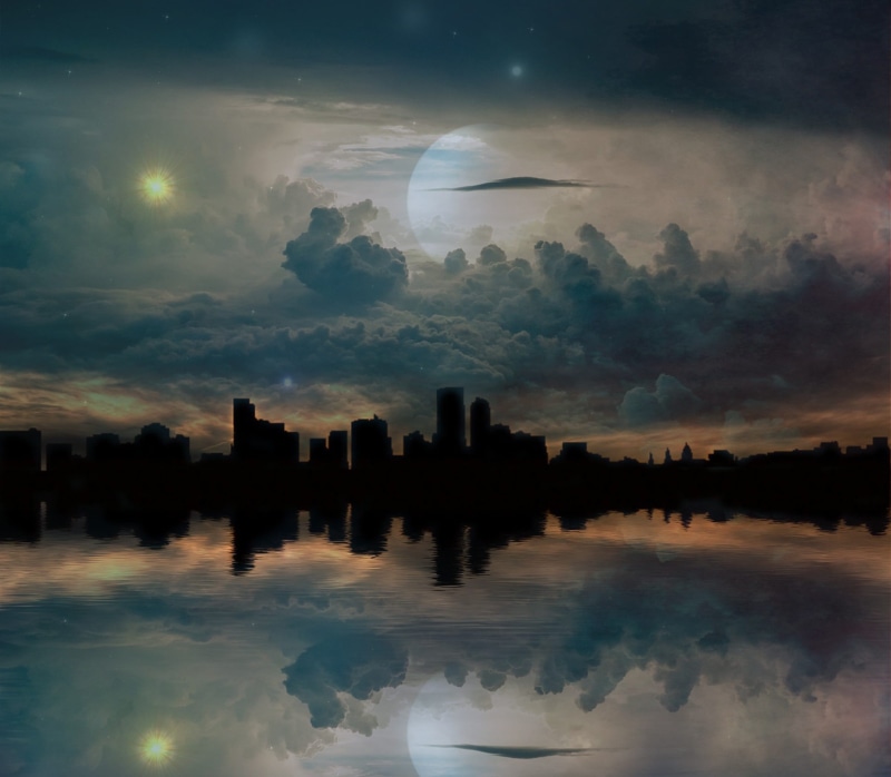 no people, 1080P, fiction, built structure, buildings, future, fantasy, sky, 3d, water, stars, scene, silhouette, urban skyline, moon, city, futuristic