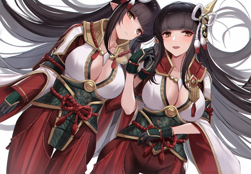 pointed ears, fan art, Monster Hunter Rise, 2D, drawing, long hair, bangs, brunette, Hinoa, Minoto, 1080P, video games, illustration, cleavage, fantasy girl