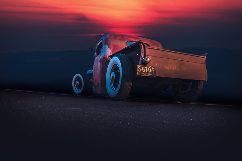 automotive, travel, sunset, ratrod, red, classic car, vintage car, 5K, mode of transportation, transportation, dawn, race, silver colored, retro styled