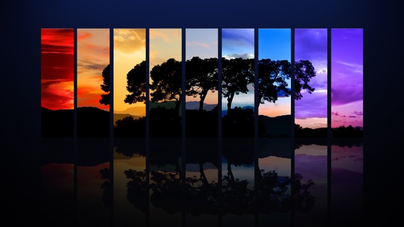 art, orange color, outdoors, colorful, lake, wall, black, digital composite, sunset, plant, nature, scenics - nature, water, panels, 1080P, window, digital art