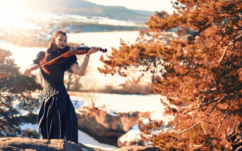water, young adult, string instrument, playing, focus on foreground, women outdoors, land, violinist, outdoors, fantasy girl, one person, 1080P, music