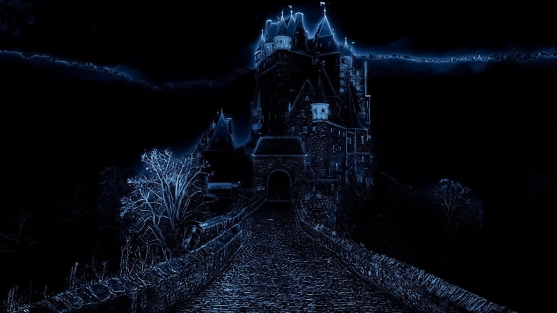 travel, haunted castle, the past, midnight, spooky, digital art, history, religion, tree, sky, building, spirituality, built structure, no people, place of worship
