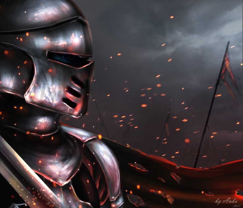 1080P, armor, digitalart, helmet, warrior, paint, sword, knight, war, digital, battle, fire, painting, draw, the battlefield, artdr, mail, flag