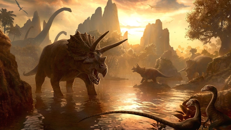 Raptors, 1080P, Diplodocus, Dinosaurs, Realistic, artistic, sunset, Pterodactyls, Triceratops