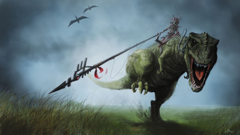 4K, running, people, pterodactyl, sky, land, field, top, dinosaur, green, plant, halloween, monster - Fictional Character, illustration, smoke - physical structure