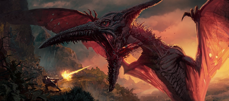 fantasy art, 2K, Daryl Mandryk, dinosaurs, minigun, military, digital art, Pterodactyl, turok