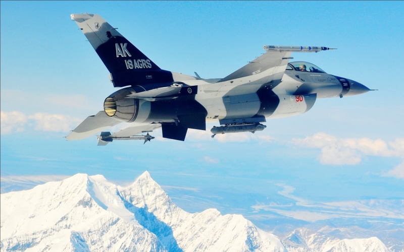 military, 1080P, snow, mode of transportation, black, flying, plane, nature, gray, air vehicle, army, on the move, cold temperature, General Dynamics F-16 Fighting Falcon