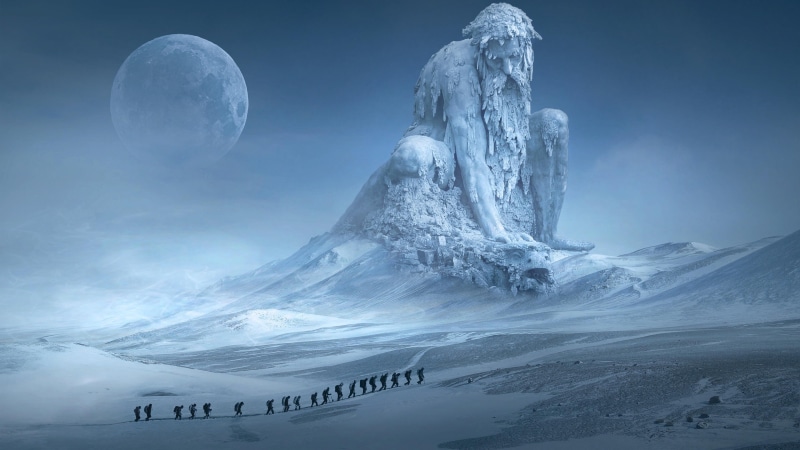 beauty in nature, arctic, 4K, statue, winter, artwork, digital composite, moon, fullmoon, fantasy, astronomy, ice, fantasy art, outdoors, exploration