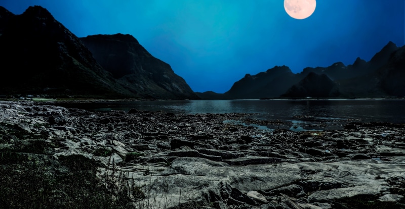 glowing, solid, scene, landscape, fullmoon, rock - object, outdoor, dark, astronomy, scenic, shine, beauty in nature, calm, sky, rock, land, color Image