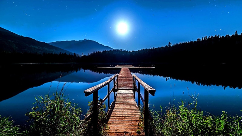 blue, canada, plant, full moon, british columbia, night sky, lost lake, astronomy, no people, lake, idyllic, sky, tranquil scene, mountain, beauty in nature
