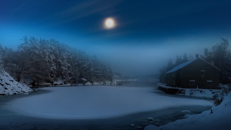 environment, scenics - nature, snow, built structure, snowcapped mountain, sky, architecture, mist, lake, moonlight, nature, night, tree, no people, tranquil scene