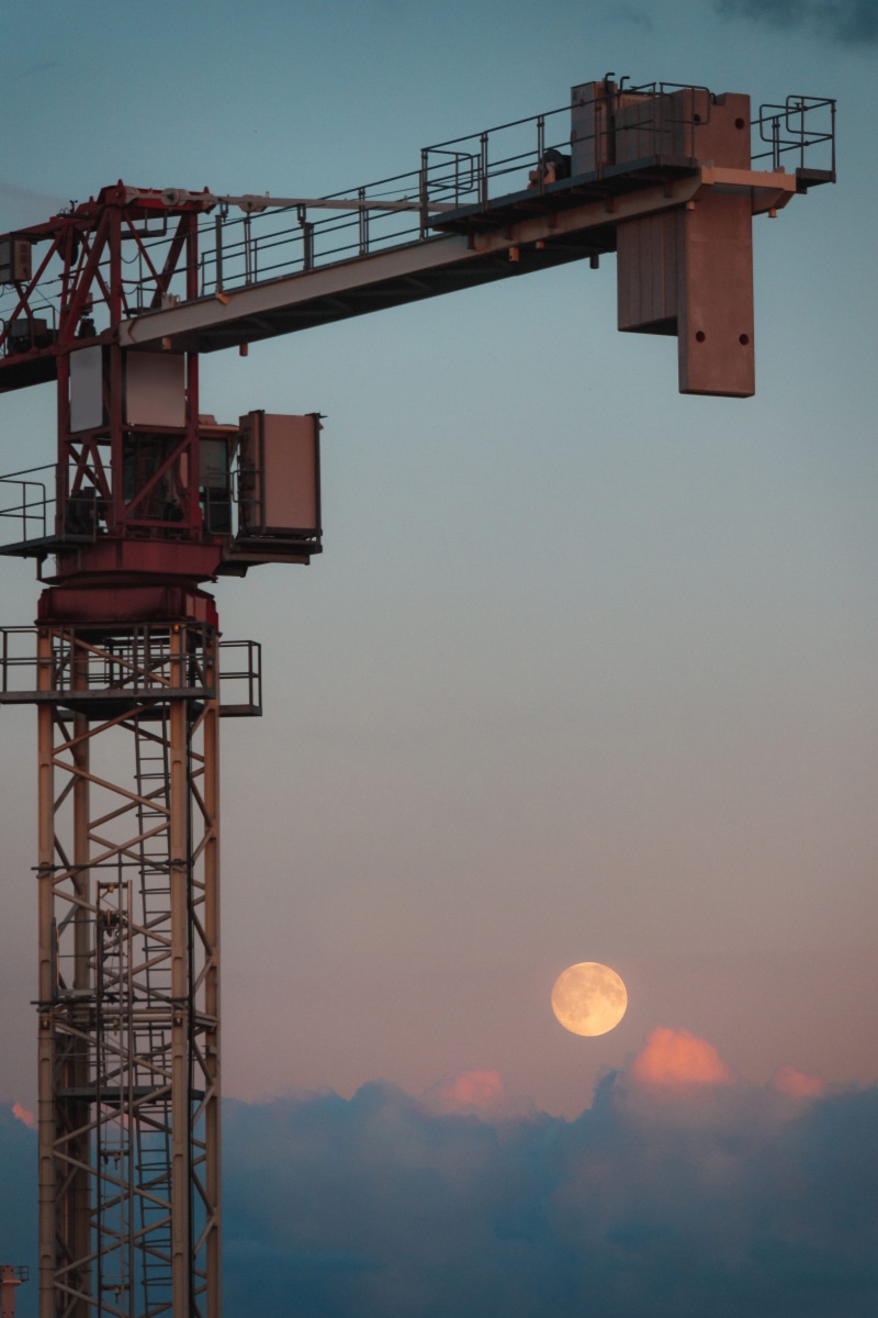 fullmoon, metal, industrial equipment, orange color, sun, construction equipment, construction industry, machinery, moody, moon, copenhagen, clear sky