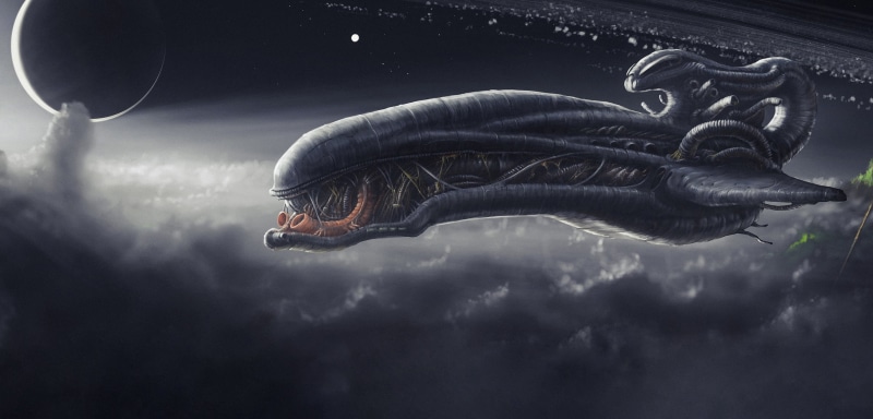 Fantasy, by Dmitrii Ustinov, Transport and Vehicles, Vehicles, Planet, Ship, Dmitrii Ustinov, Spaceship of Xenomorphs, Space, Art, Space Ship, 2K, Clouds