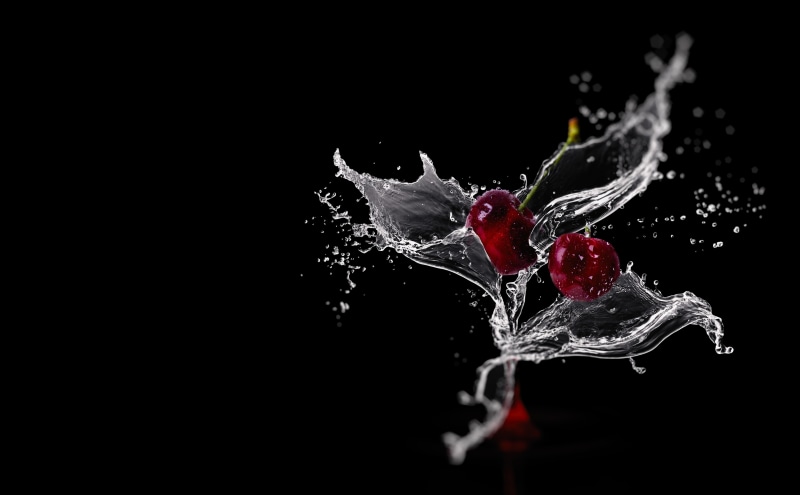 slowmotion, no people, 5K, Drops, Cherries, impact, drop, red, Cherry, digital, close-up, nature, indoors, black background, Splash, purity