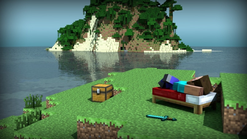 steve, wood, islands, trees, cinema, landscapes, minecraft, games, video, d, holidays, hd, Video Games, nature, beds, water, forest, forests, 1080P, art